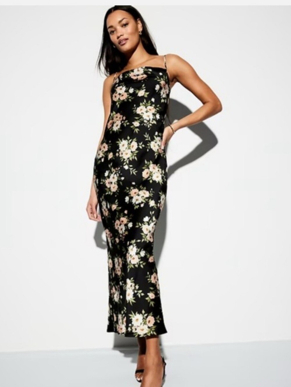 Floral Satin Slip Midi Dress in Black and Blush